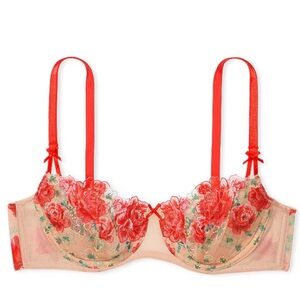 Victoria's Secret red Embroidered Illuminating Blooms Lightly Lined Balcony Bra